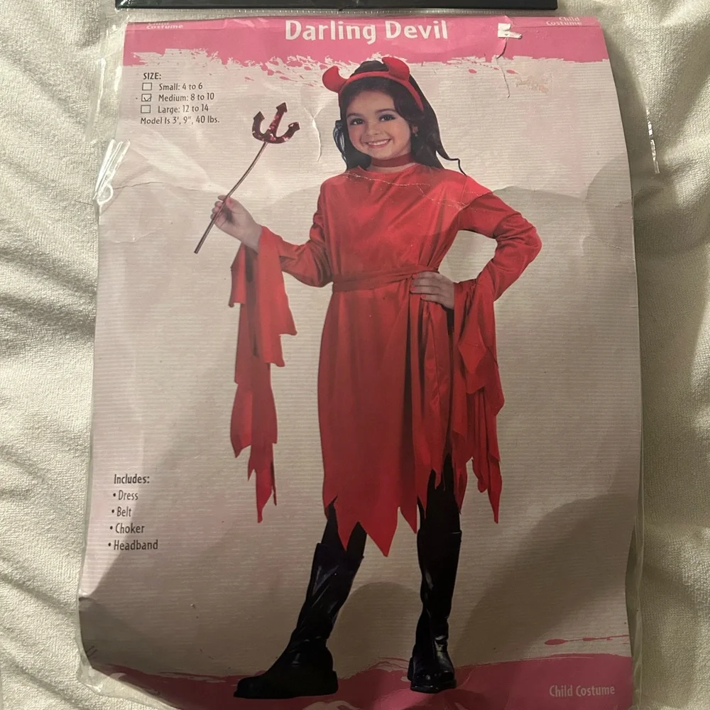 DEVIL COSTUME Darling red headband and dress kids size medium in bag
